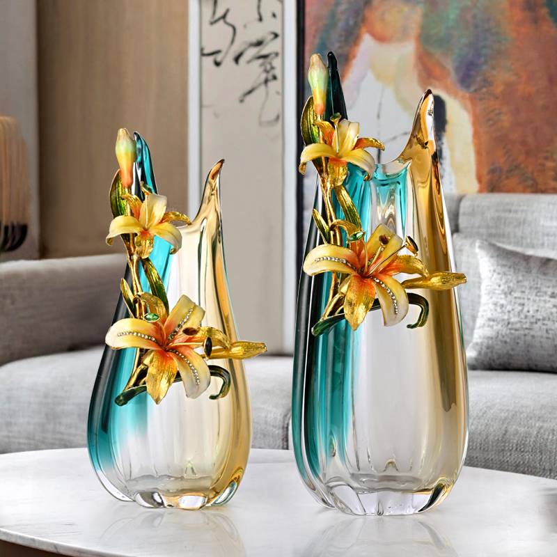 轻奢高级珐琅彩琉璃花瓶摆件新中式客厅玄关茶几装饰水晶玻璃花器