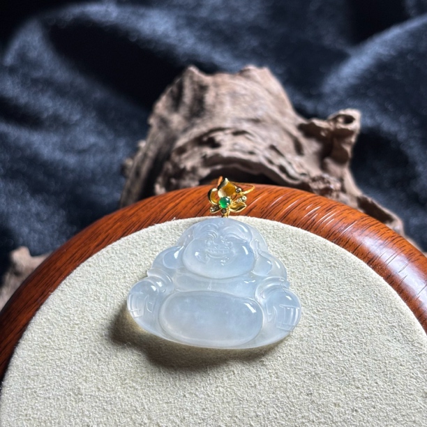 天然缅甸A货翡翠18K金镶嵌冰种白冰佛公吊坠尺寸30.3*30.8*5