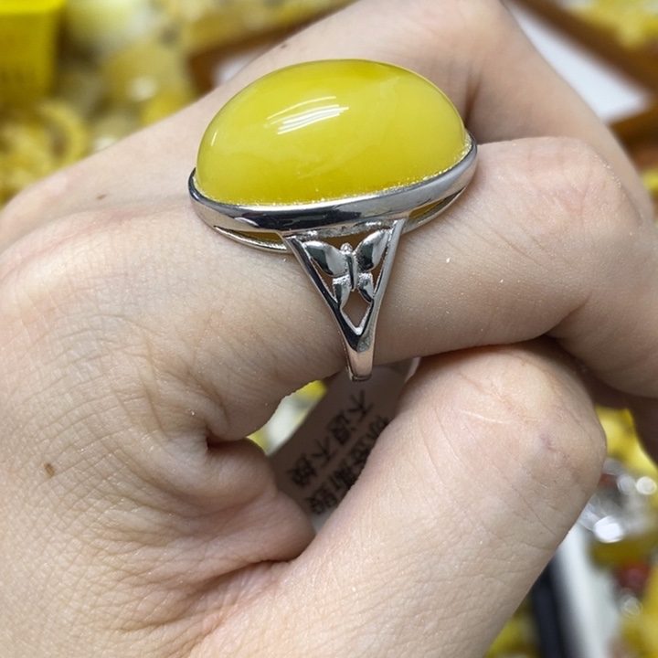 蜜蜡银S925镶嵌裸石戒指