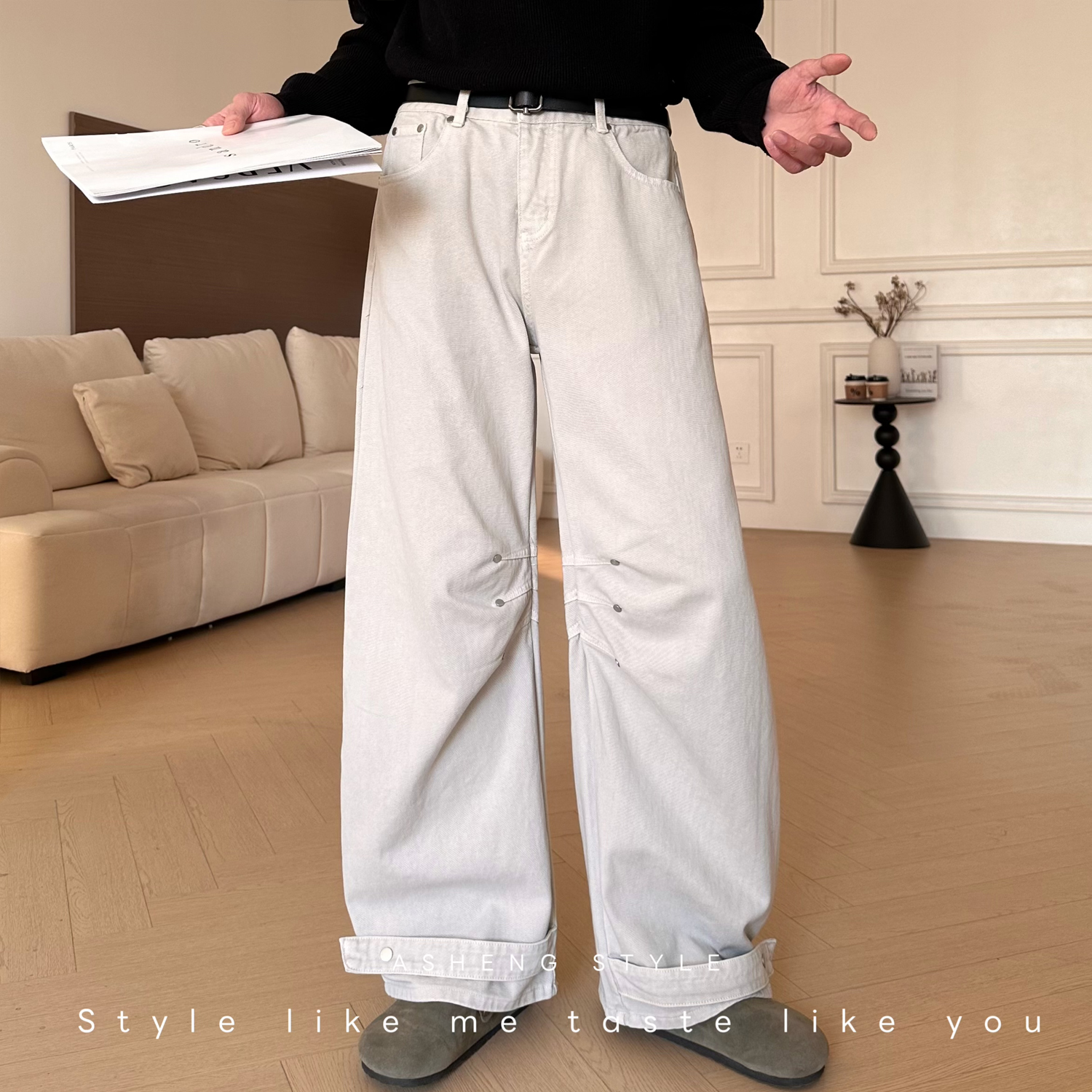 美式牛仔裤休闲长裤水洗杏色裤子时尚宽松春季直筒裤设计感