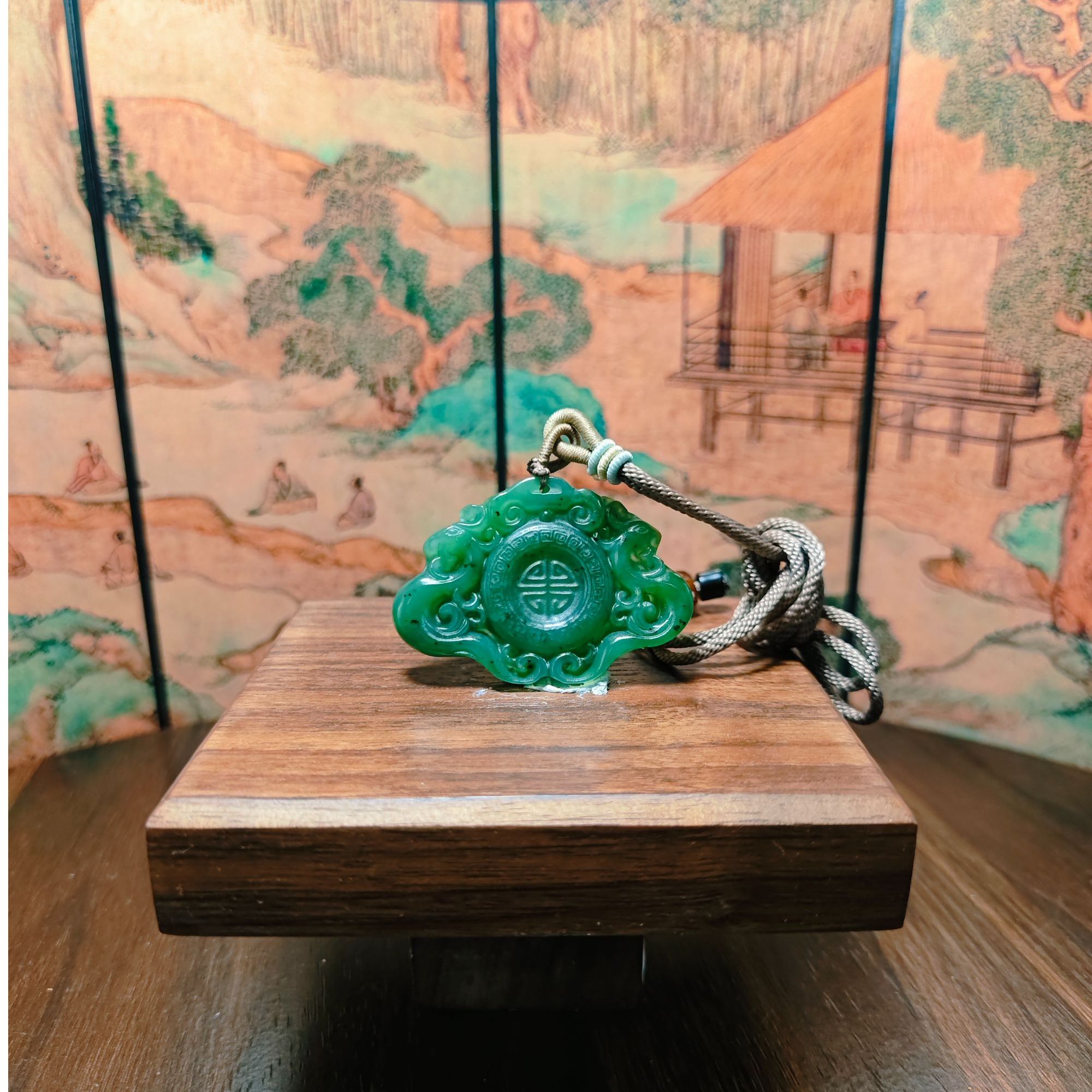 Y和田玉碧玉双龙送福吊坠0478