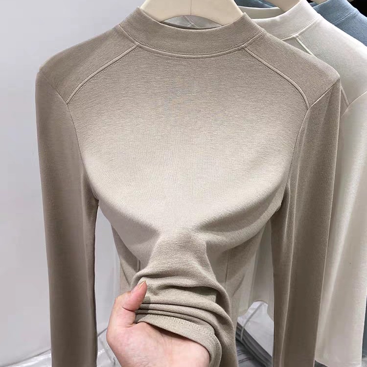 燕麦中领长袖纯色百搭保暖不起球T恤半高领螺纹常规款