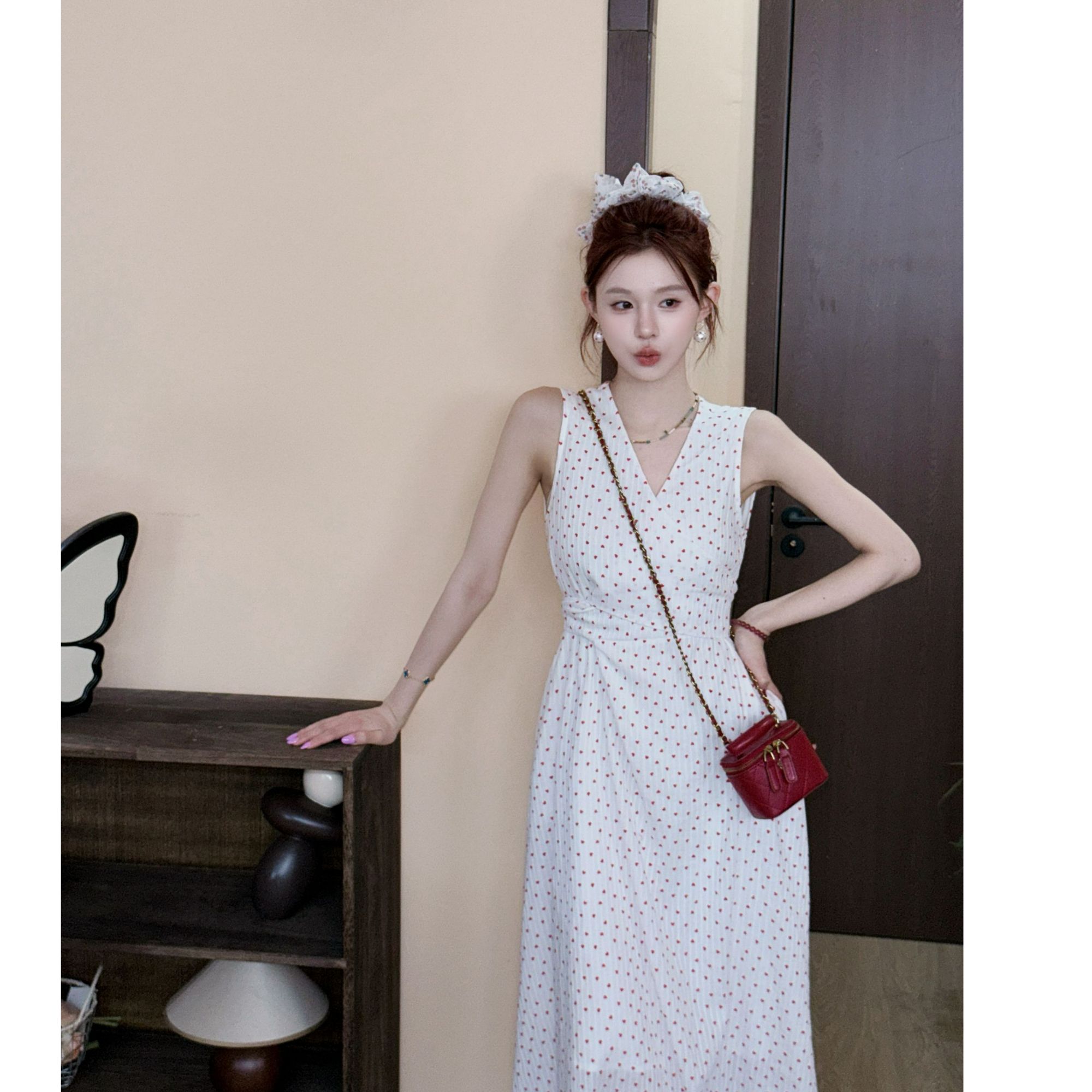 1【100%棉】波点显瘦小v领美静白色碎花长款连衣裙长裙背心XMZH7695