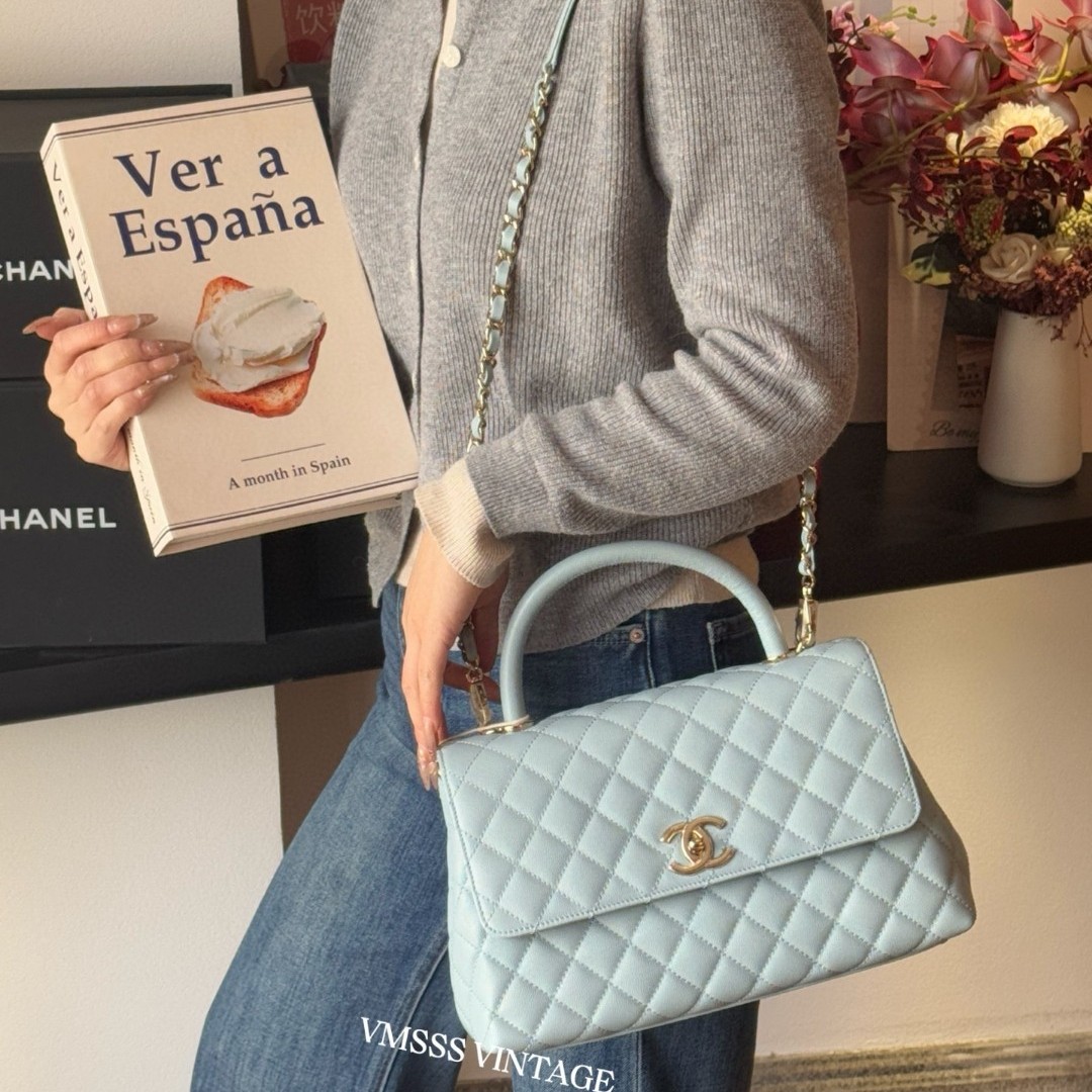 99新 Chanel/香奈儿 浅蓝色coco handle中号单肩包/72569 经典ins
