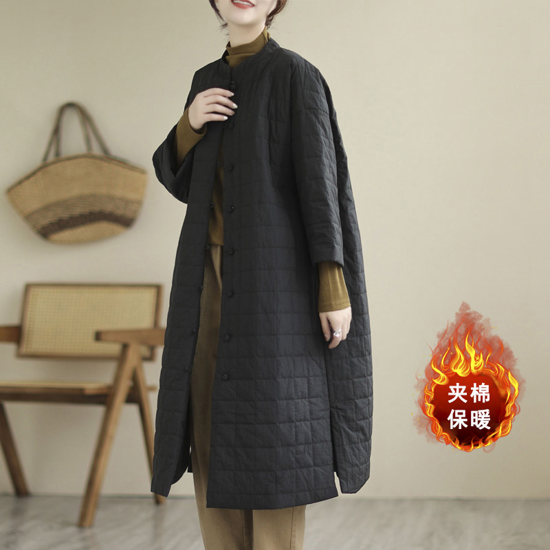 复古压格长款夹棉风衣外套冬大码女装立领盘扣下开叉气质棉服棉衣