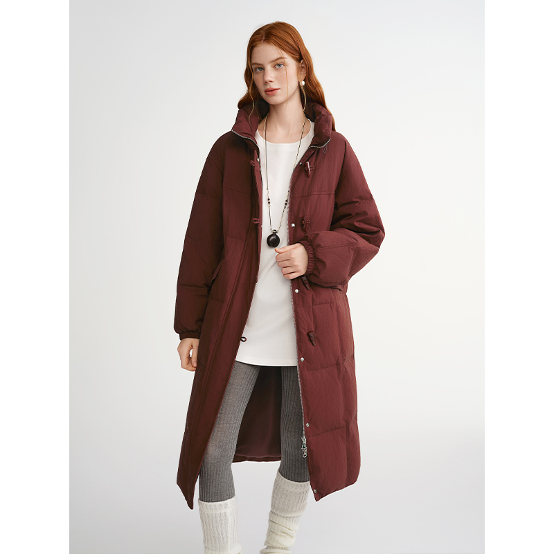 独束大码女装【牛角包羽绒】立领牛角扣长款白鸭绒羽绒服25DS84044