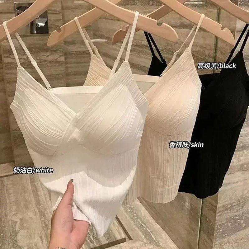 法式压褶泡泡背心夏季薄内搭外穿显瘦打底衫一体式带胸垫免穿内衣