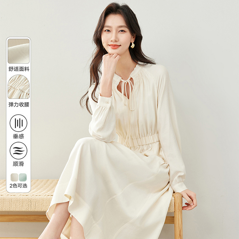 *梵希蔓优雅气质V领连衣裙系带领橡筋腰A字裙M6102/A1582