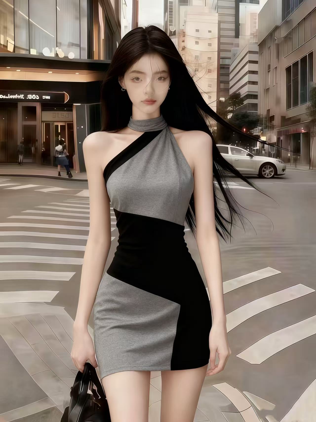 静奢气质纯欲风氛围感灰黑撞色无袖露肩修身收腰性感包臀连衣裙