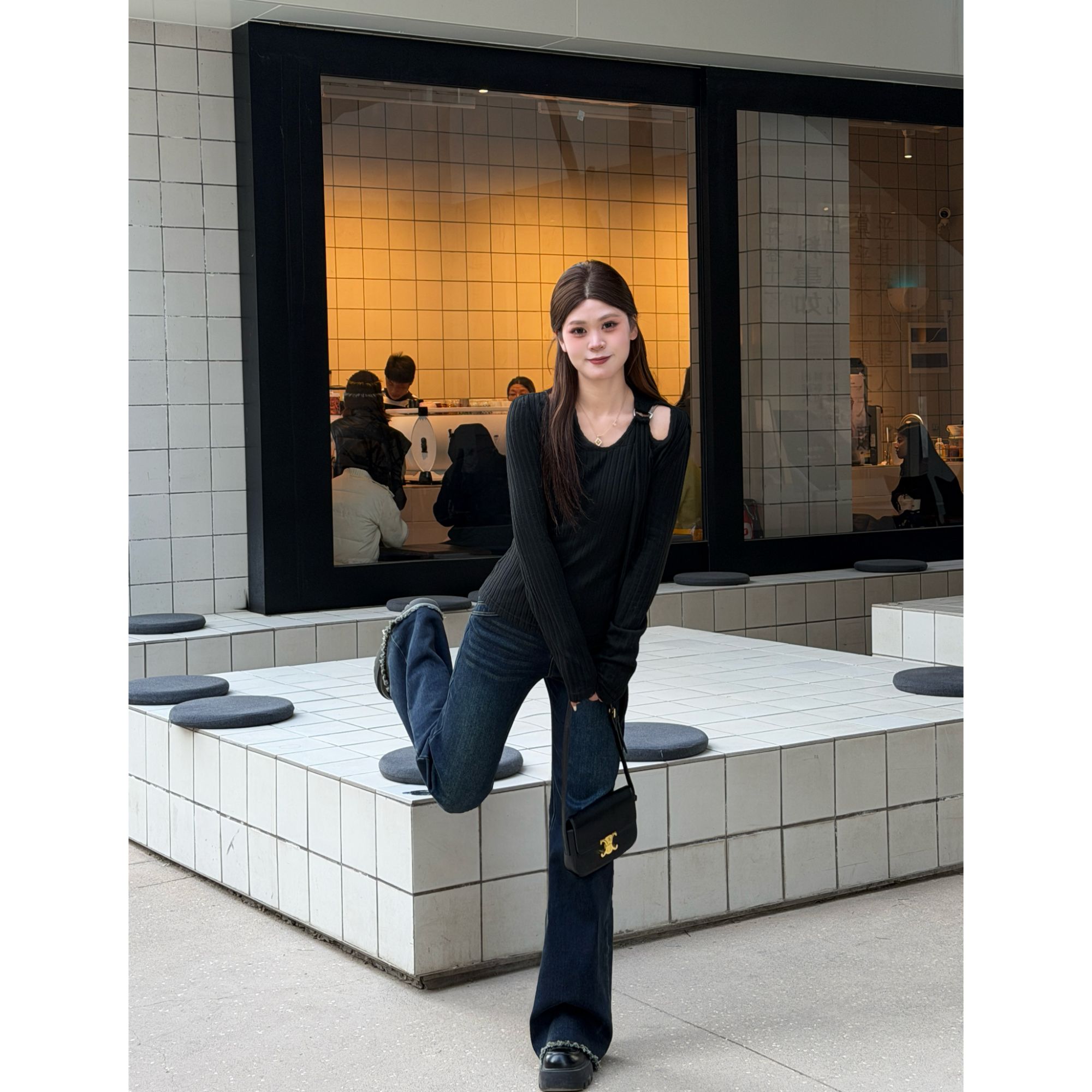 敏敏南岛风大码女通勤休闲长袖针织上衣胖mm微喇牛仔裤套装ZZM360