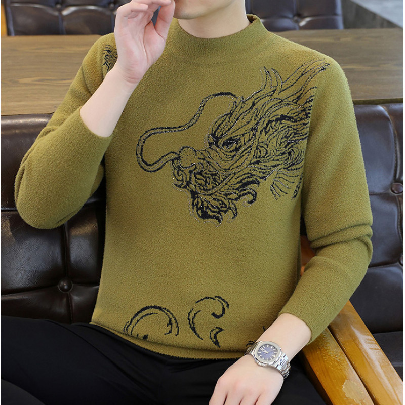 【高品质】2025秋冬季生肖龙烫钻提花半高领毛衣男士修身针织衫3074