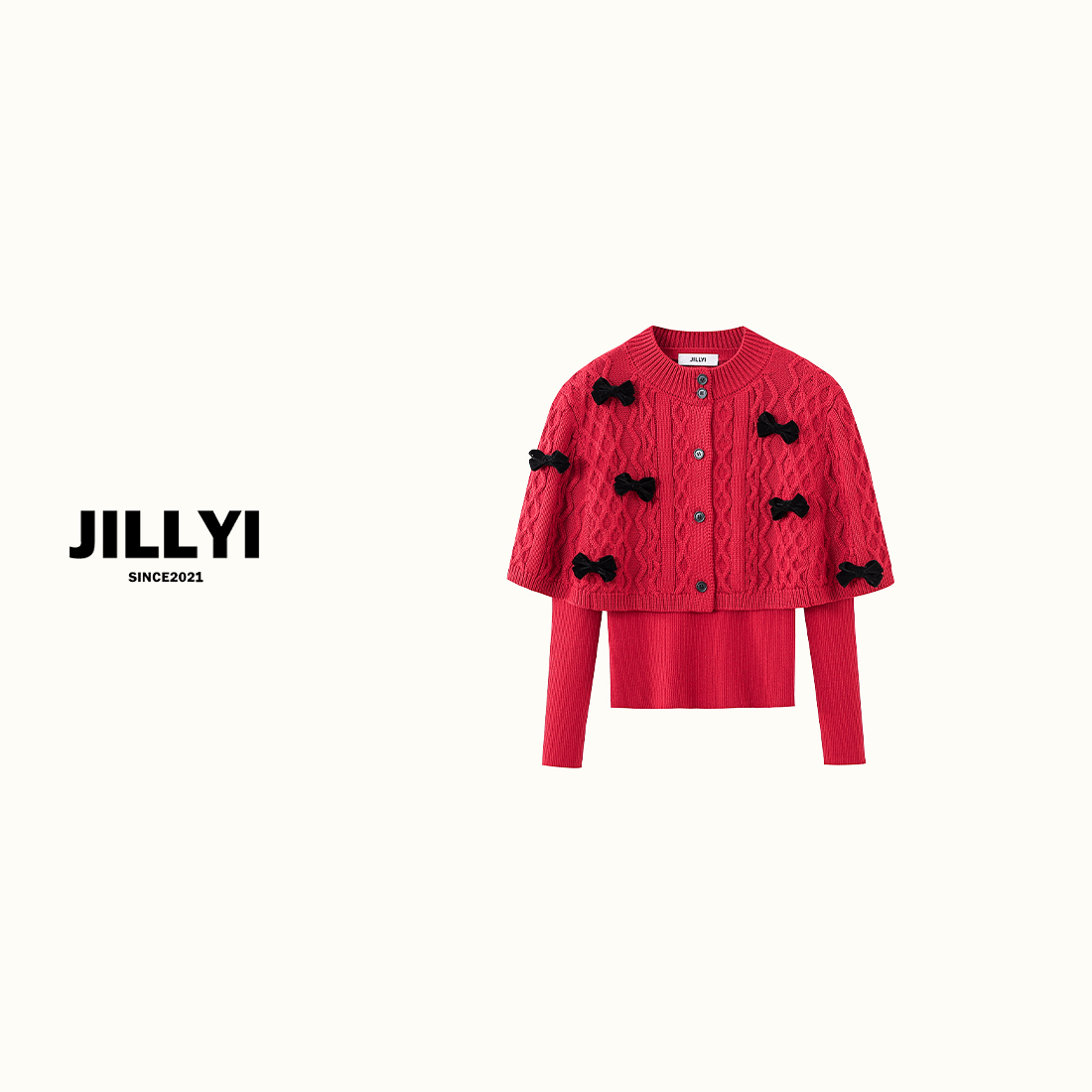 JILLYI南山店【红丝绒蛋糕】玫红色蝴蝶结披肩+红色打底衫贵气风套