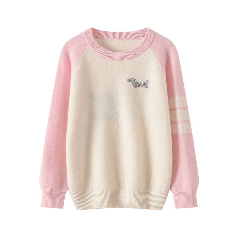 童装刺绣纯羊毛衫圆领插肩袖常规毛衣男女童撞色套头衫小狗针织衫