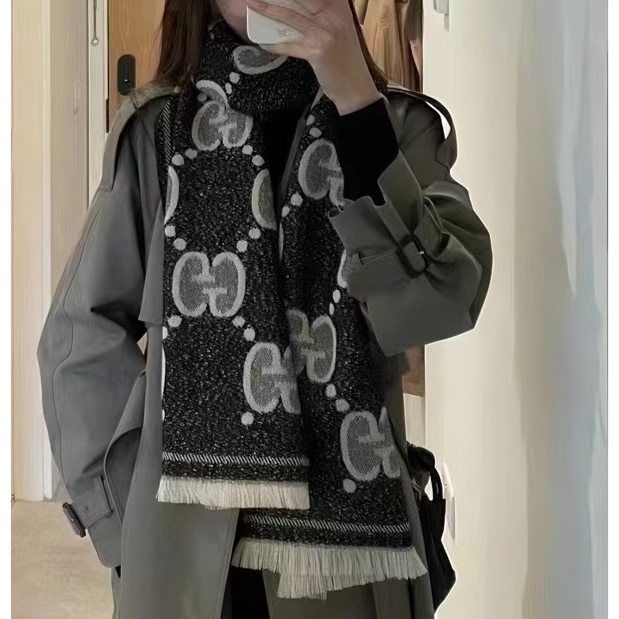 未使用 GUCCI/古驰 GG大logo羊毛双面提花围巾短流苏灰色时尚