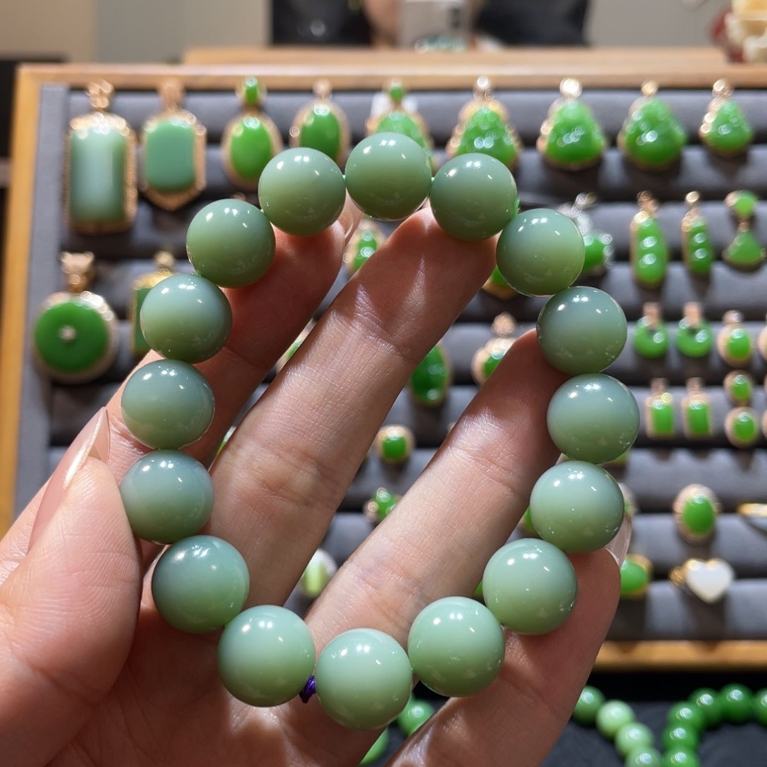 和田玉手串未镶嵌箜*粉青 13㎜