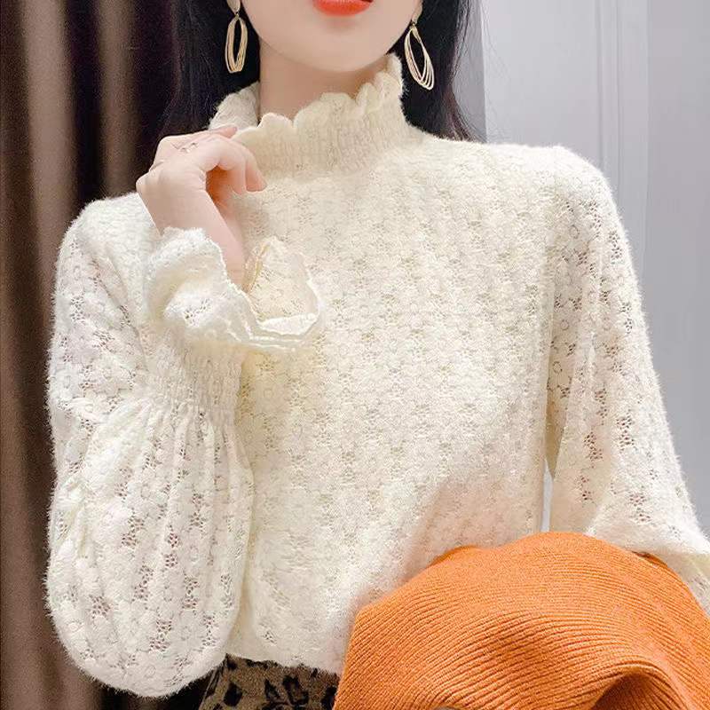 加绒2025秋冬新款蕾丝打底衫时尚半高领磨毛内搭喇叭袖网纱上衣女