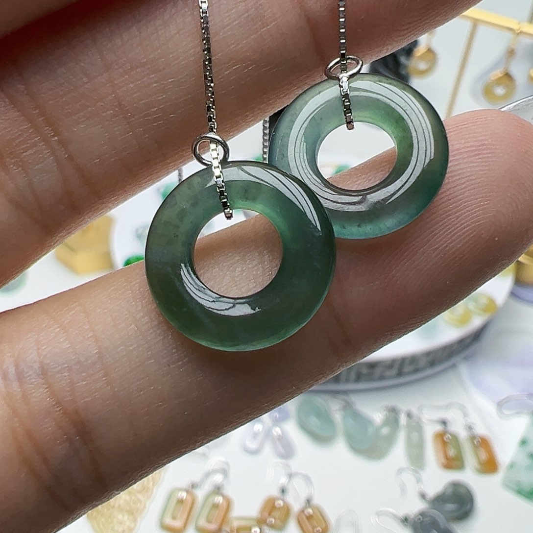 翡翠银S925镶嵌耳饰天然缅甸A货翡翠