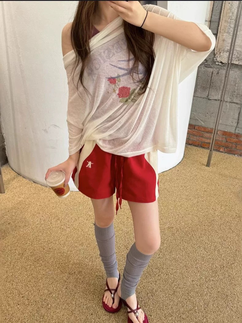 拼色短裤女美式运动休闲松紧抽绳短裤