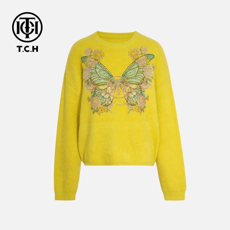TCH私服秋冬氛围感烫钻时尚淑女黄色针织衫T75D09E1018轻奢tch