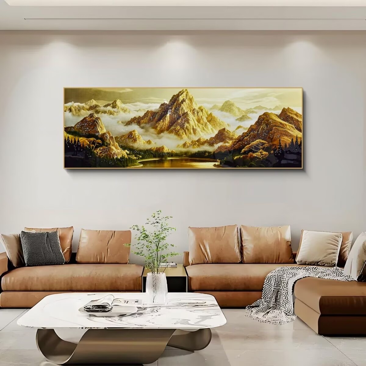 H022现代轻奢背靠金山横版装饰画适用于客厅卧室床头背景墙金山