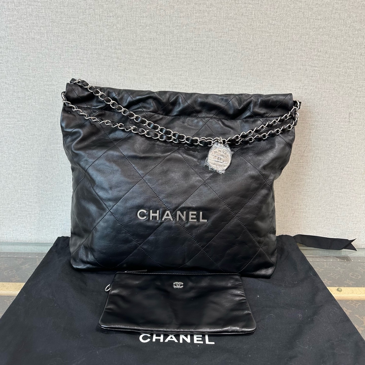 95新 Chanel/香奈儿 22bag黑银子母中号垃圾袋 08115