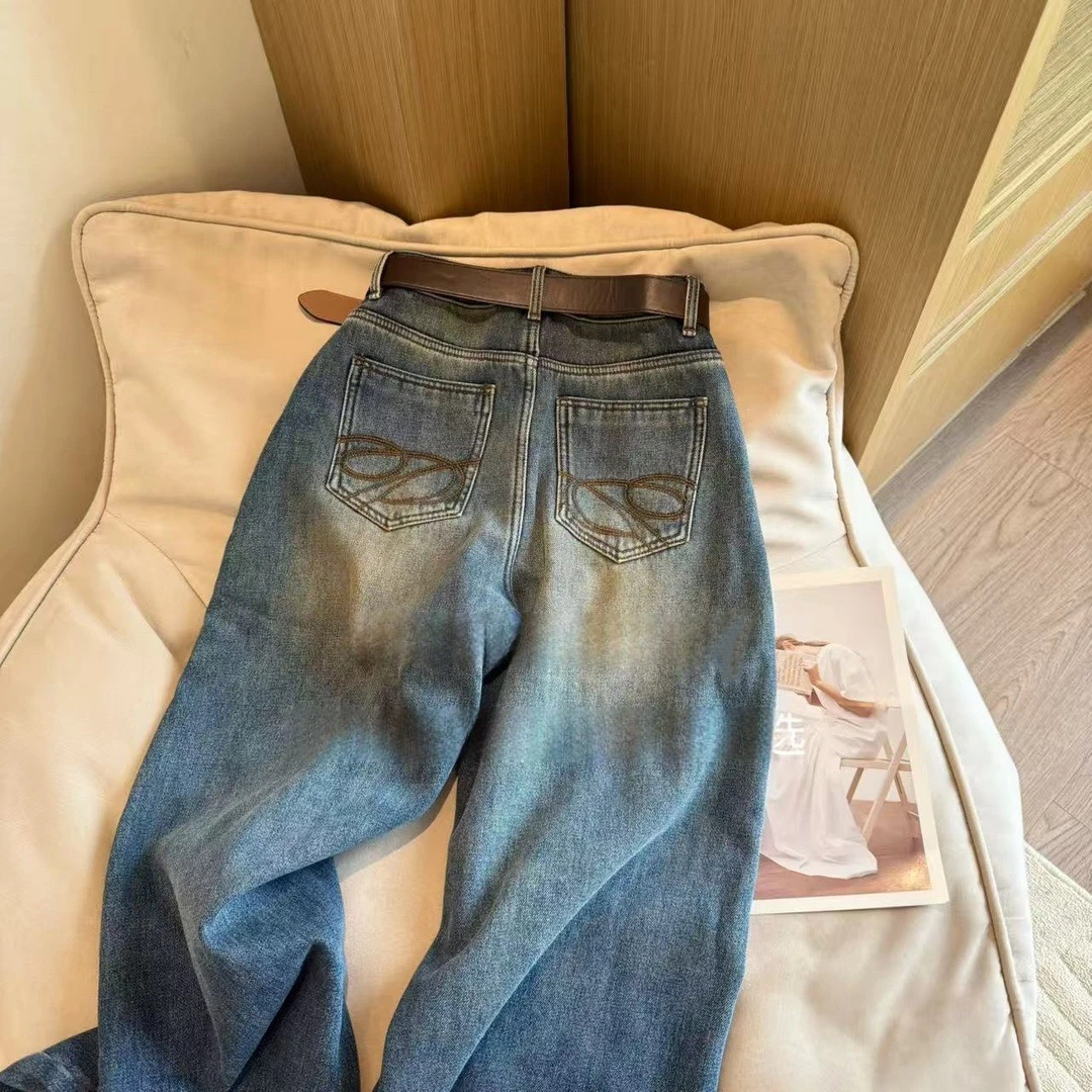 7695 W【送腰带】加绒窄版显瘦阔腿裤冬季新柔软高腰宽松牛仔裤女