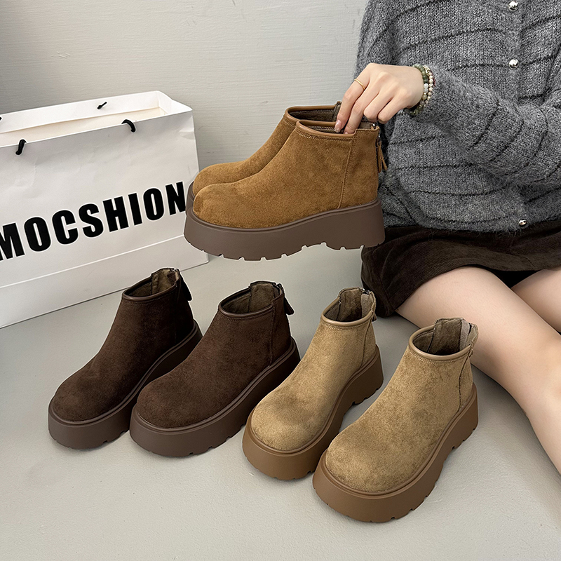 复古磨砂皮后拉链勃肯短靴女2025秋季新款松糕厚底马丁靴低帮单靴