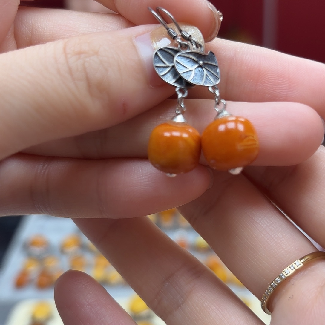 琥珀裸石银S925镶嵌9耳坠