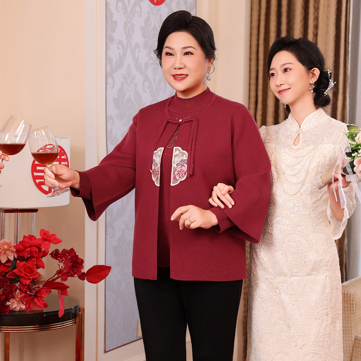 喜庆婚宴妈妈装套装毛衣针织衫十月份喜婆婆服装优雅礼服结婚喜服