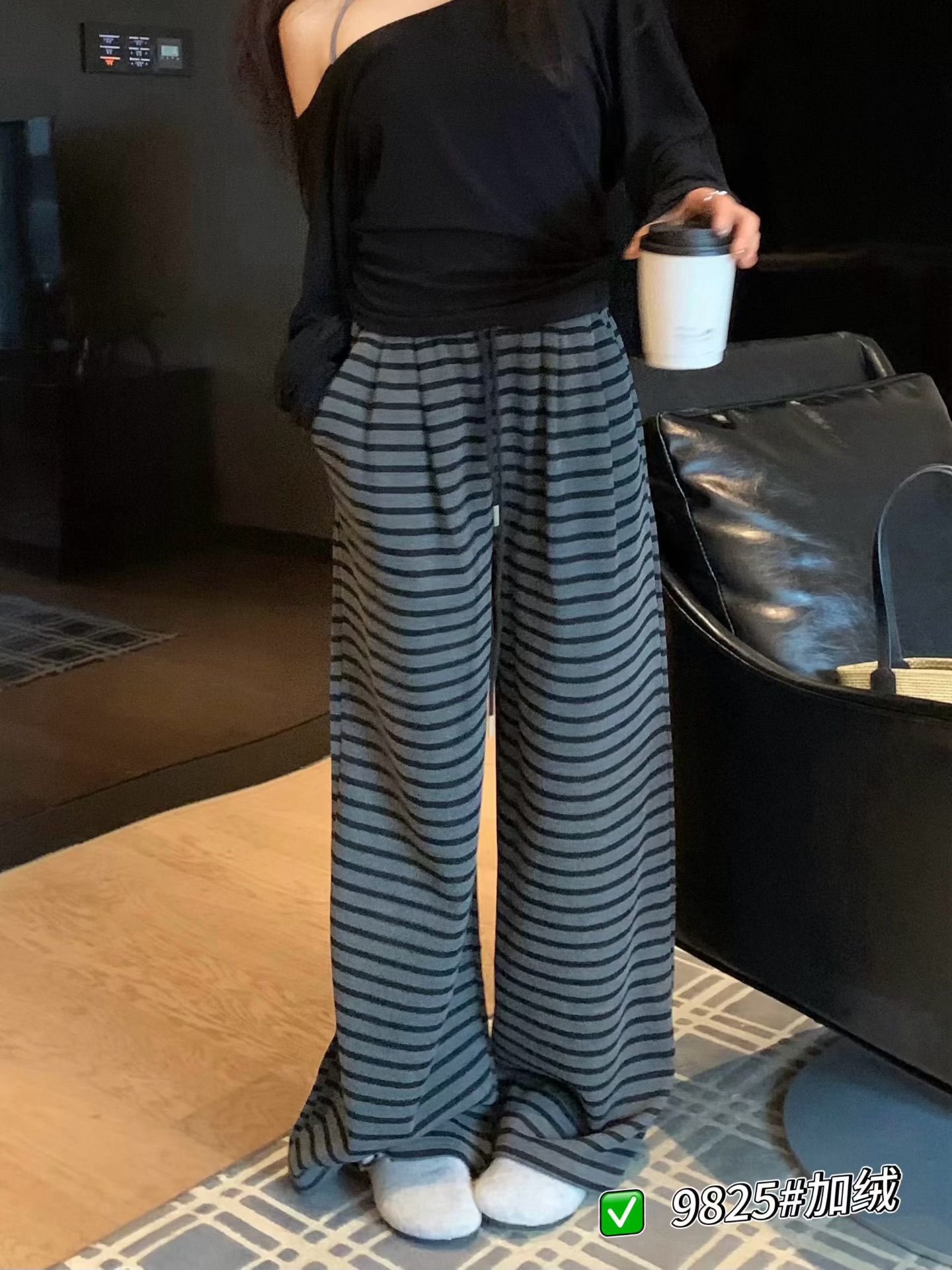 韩版条纹加厚加绒慵懒感一条过冬阔腿裤