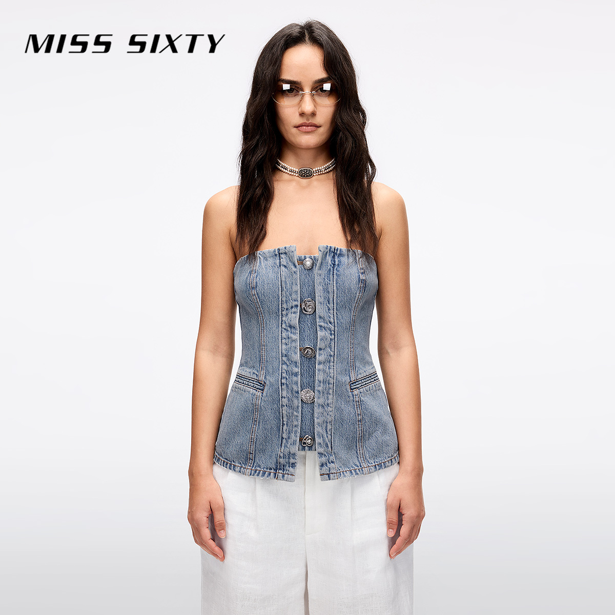 Miss Sixty2025夏季新款牛仔抹胸上衣女修身显瘦性感短款后拉链
