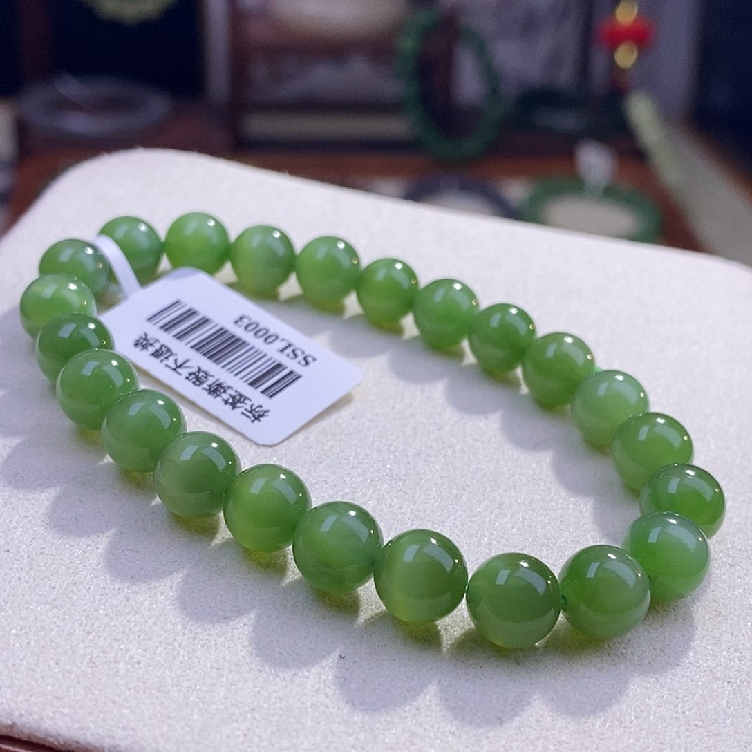 颈饰未镶嵌和田玉碧玉绿猫眼冰底老料手串8m