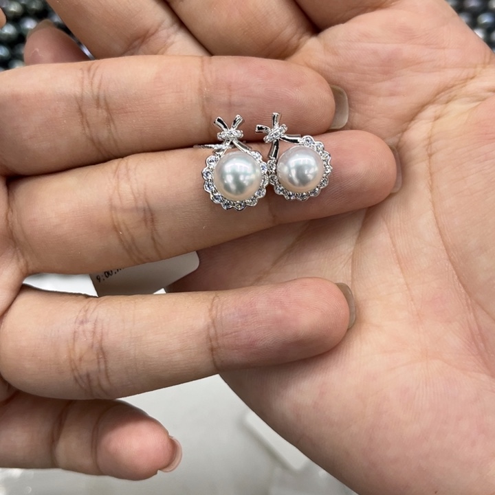 银S925镶嵌海水珍珠耳饰澳白8-9mm