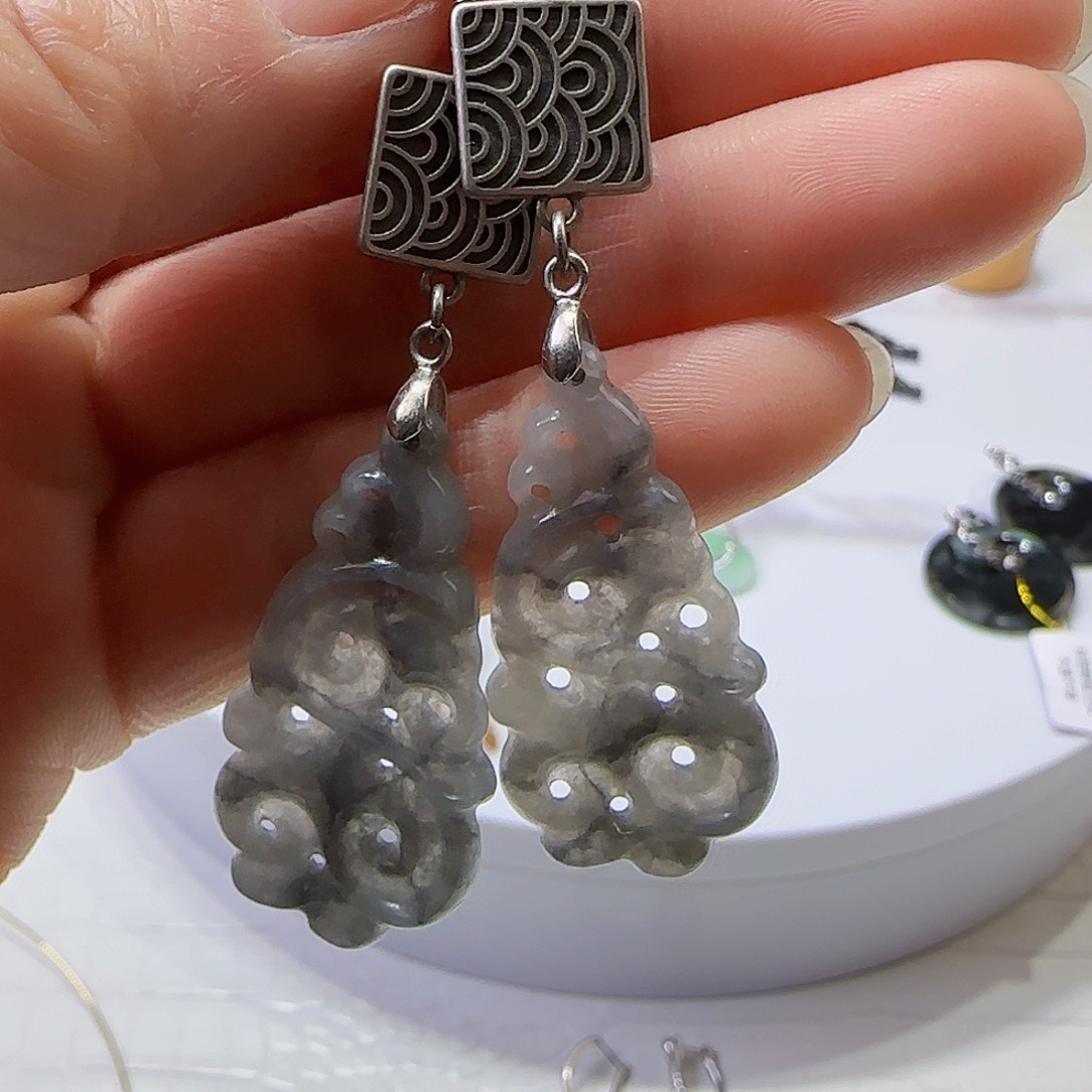 翡翠耳饰银S925镶嵌天然缅甸a货翡翠