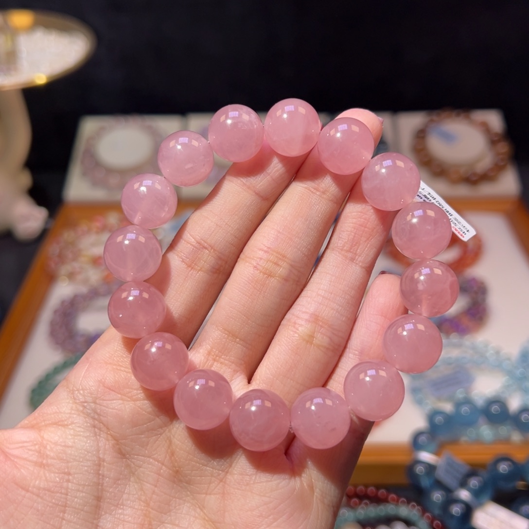 水晶手串未镶嵌12m老矿蜜桃粉马粉