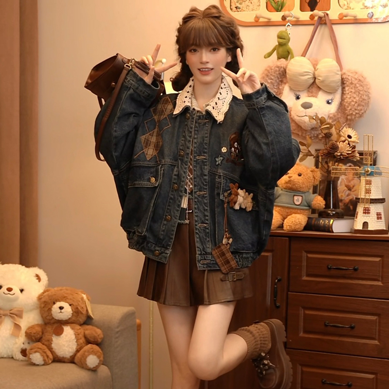 设计感花边拼接牛仔外套女2025春秋新款休闲刺绣复古双层领夹克