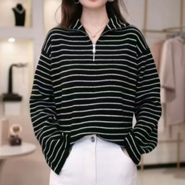 阿玛施AMASS 新款品质时尚百搭条纹落肩袖半拉链毛针织衫女538088