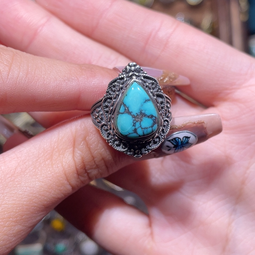 ๑***碎绿松石银S925镶嵌戒指