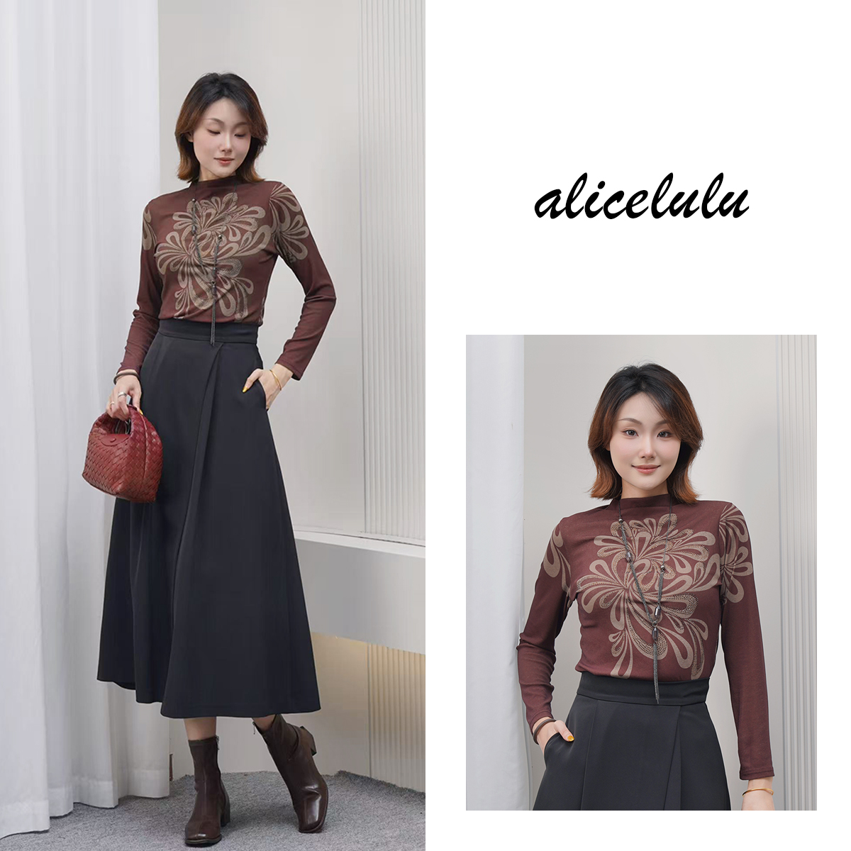 5 alicelulu半高领烫钻印花打底衫洋气修身显瘦上衣S2144921T