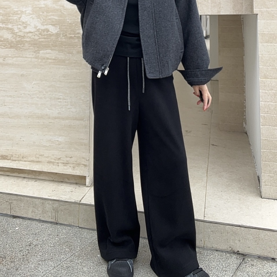加绒纯色松紧腰抽绳直筒裤女2025冬季新款宽松显瘦休闲裤长卫裤