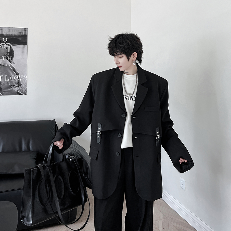 H1986个性皮带扣拼接男士西装时尚潮流穿搭造型设计外套