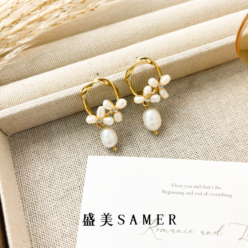 铜合金仿珍珠耳饰 原创设计女耳钉文艺气质耳坠法式百搭【S.013】