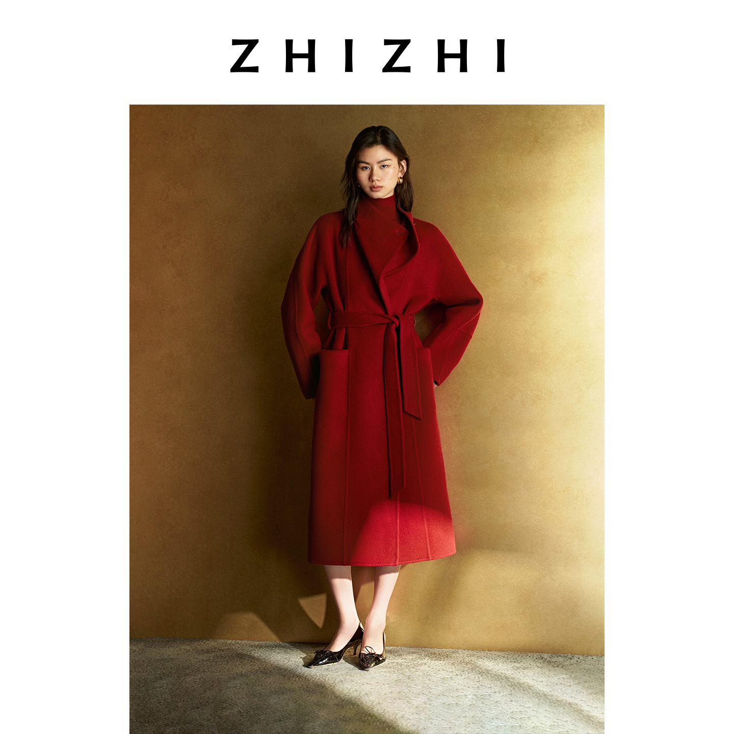 【悠然系列】致知 石湖仙 焦糖棕丝牦牛绒长款大衣外套ZZ2EWWWT008