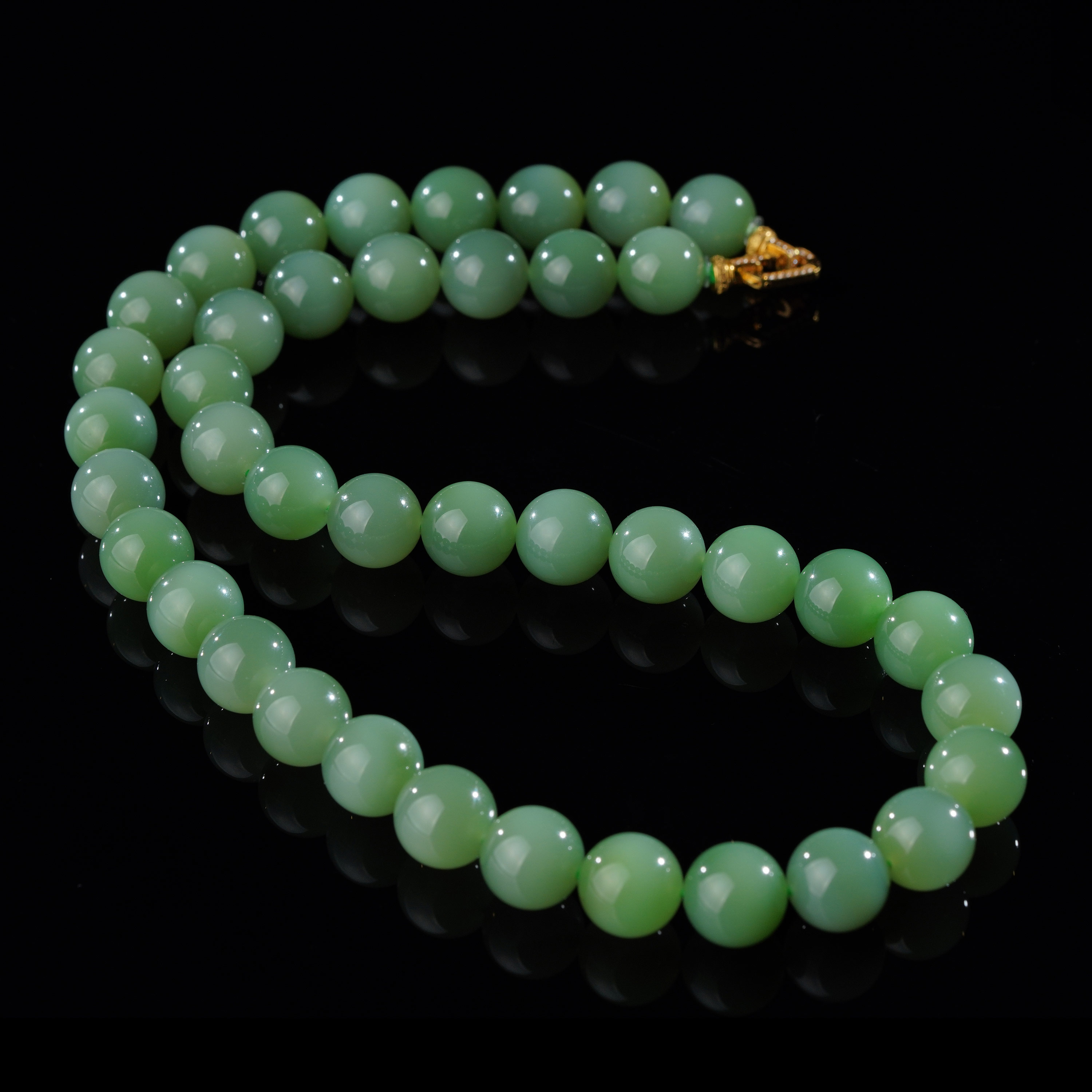 【鹿鸣】18k金和田玉碧玉圆珠项链 11.5mm  P168