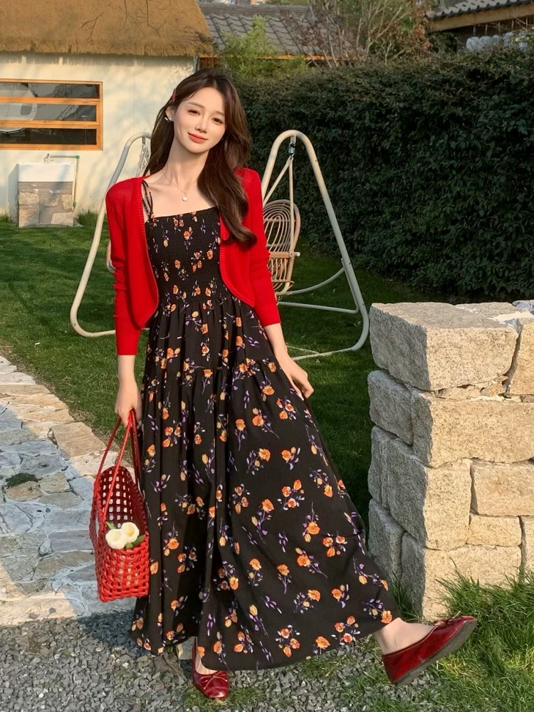 轻熟风休闲风瑞丽风时尚套装显瘦时尚吊带裙法式辣妈长裙复古