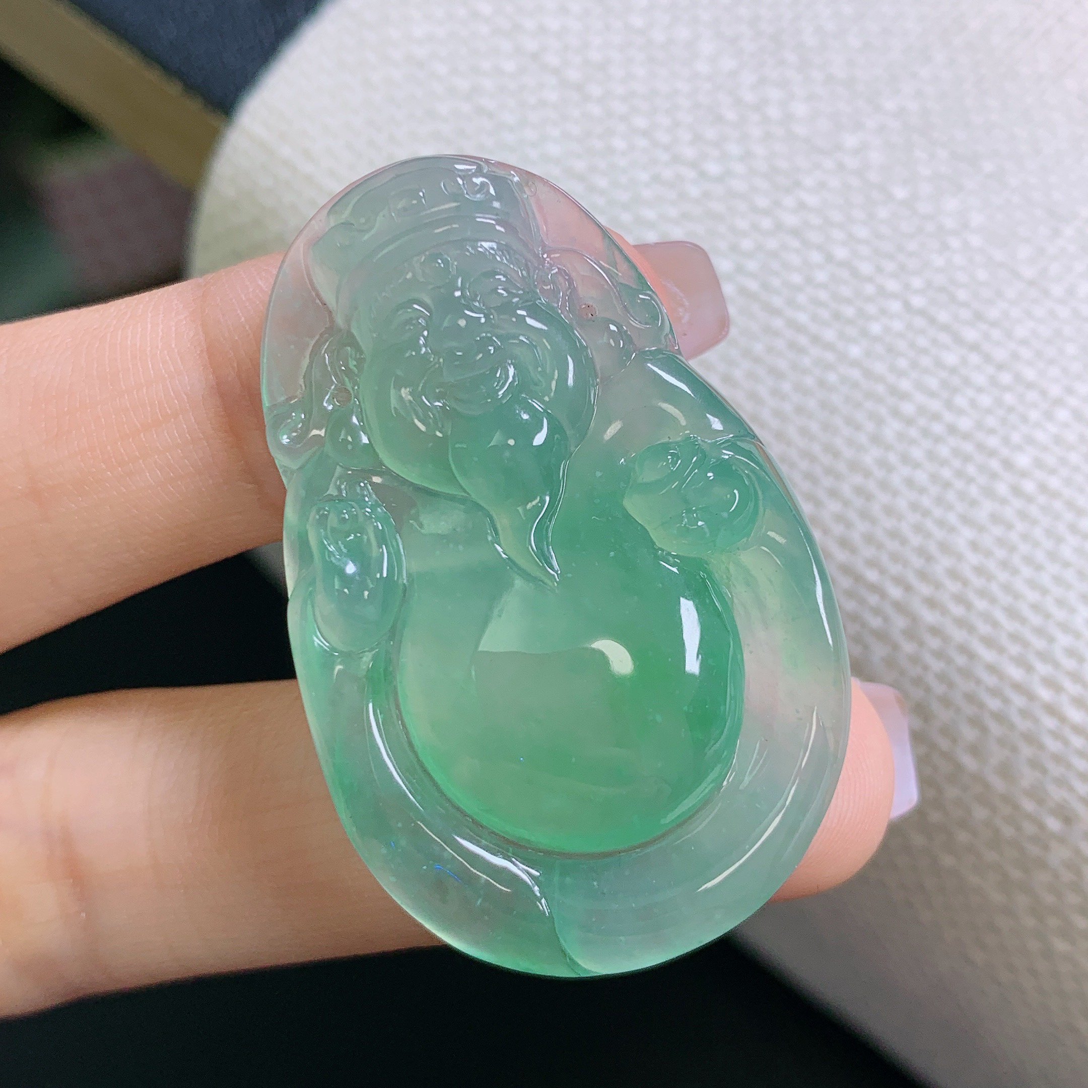 缅甸天然A货翡翠老坑木那满绿大财神吊坠男女款冰透镶嵌款