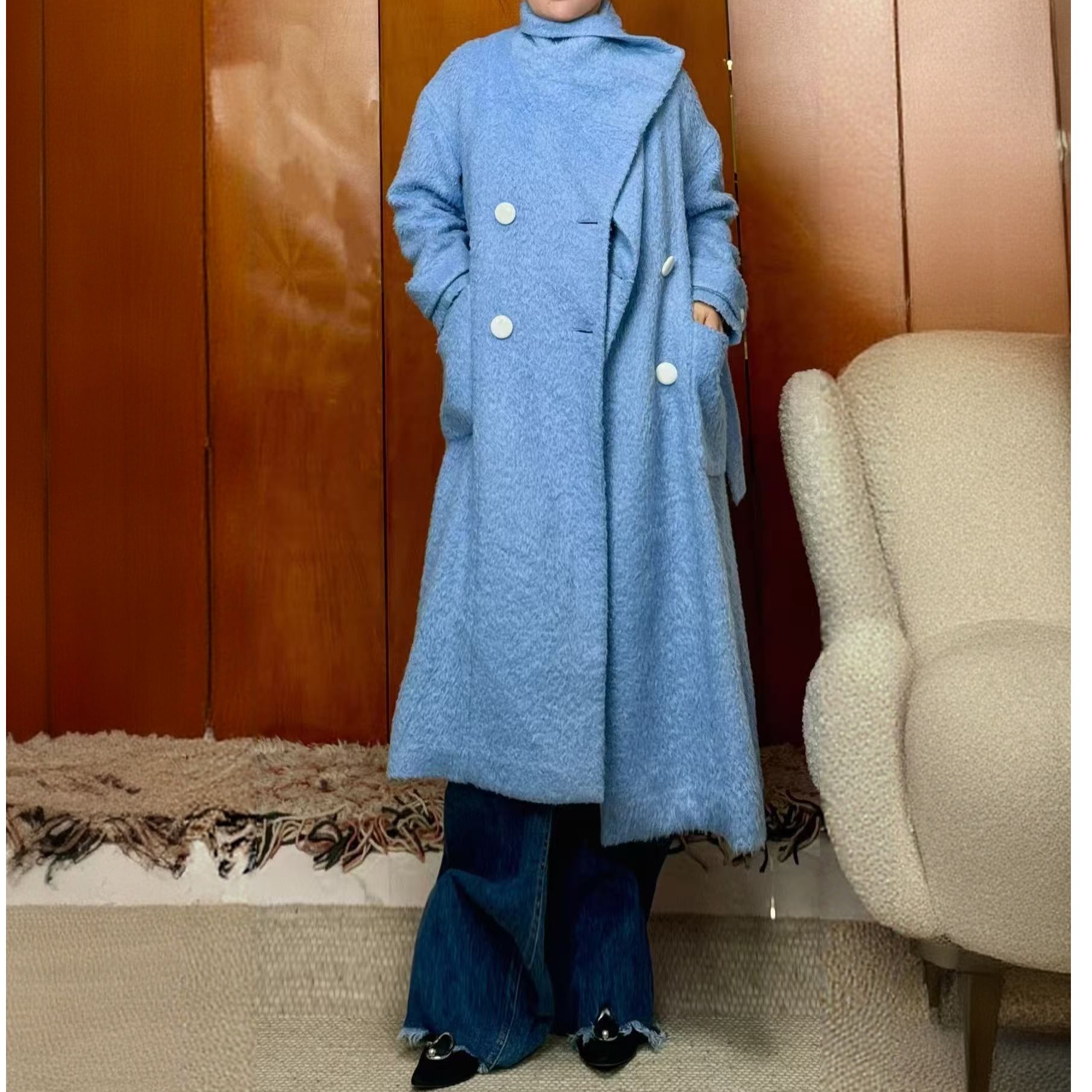 百搭法式长款秋冬加厚冬季蓝色毛呢外套翻领