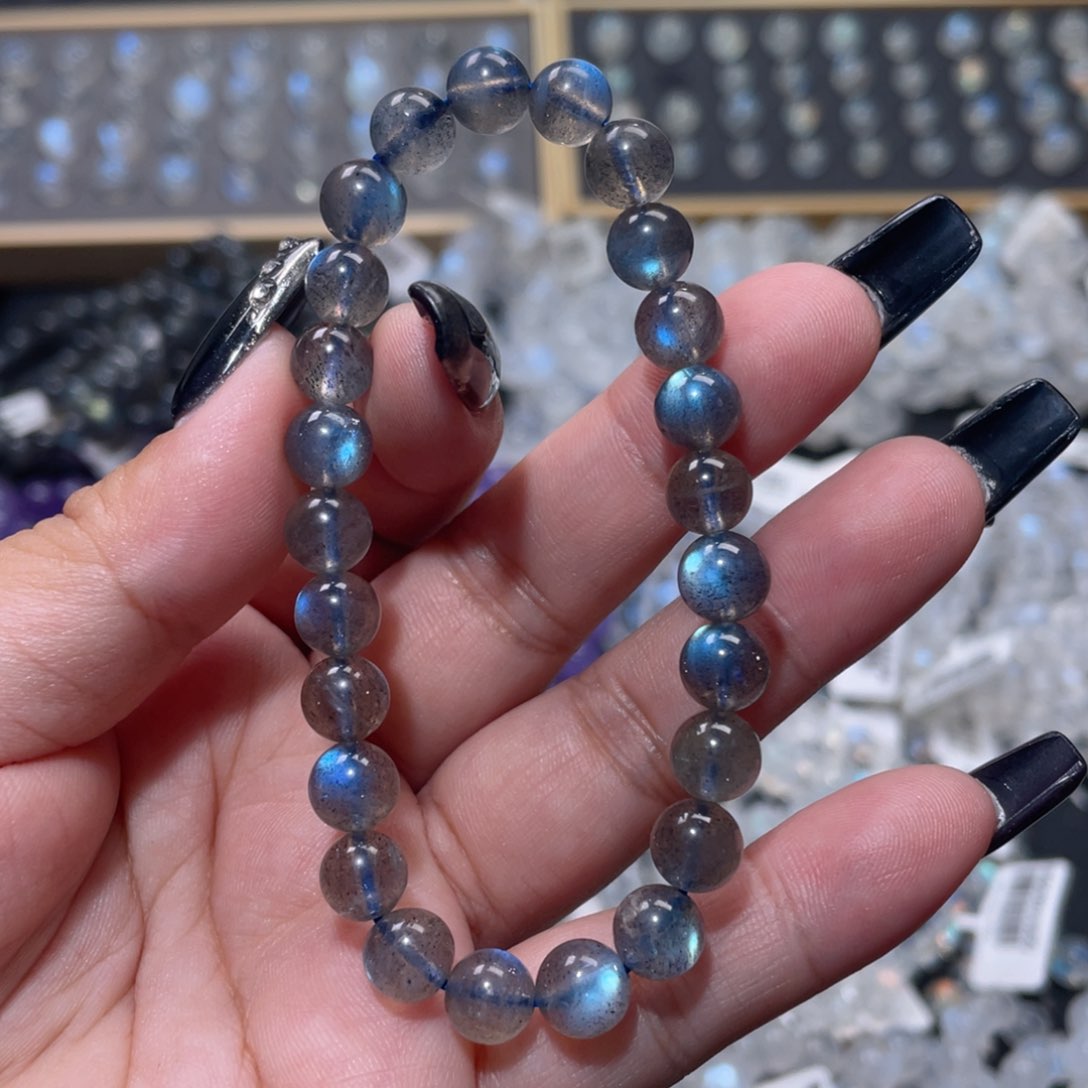 十***_手链未镶嵌长石黑体灰月光手链7mm+