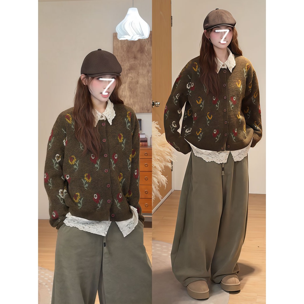 复古田园风花朵刺绣针织毛衣蕾丝衬衫阔腿裤秋冬显瘦设计感三件套