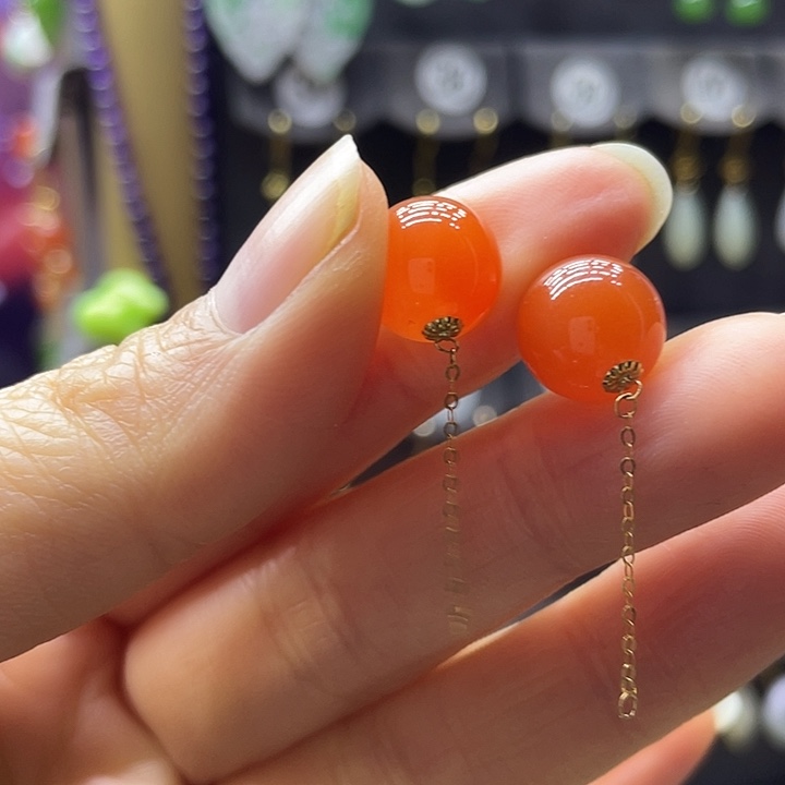 南红玛瑙18K金镶嵌耳饰